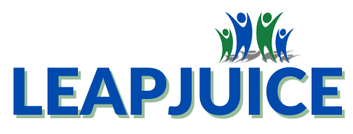 Leapjuice logo in blue color, shown in all caps with characters jumping over the "I."